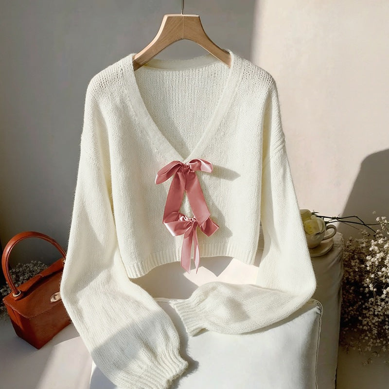 Ivory Cropped V-Neck Sweater with Satin Bows, Women's Jumper