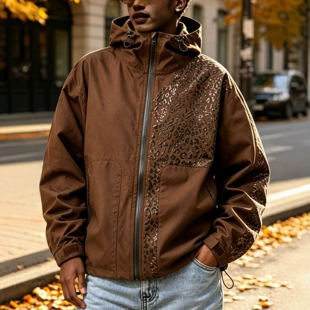 Men's Hooded Windbreaker Jacket with Leopard Print Panel, Zip Front