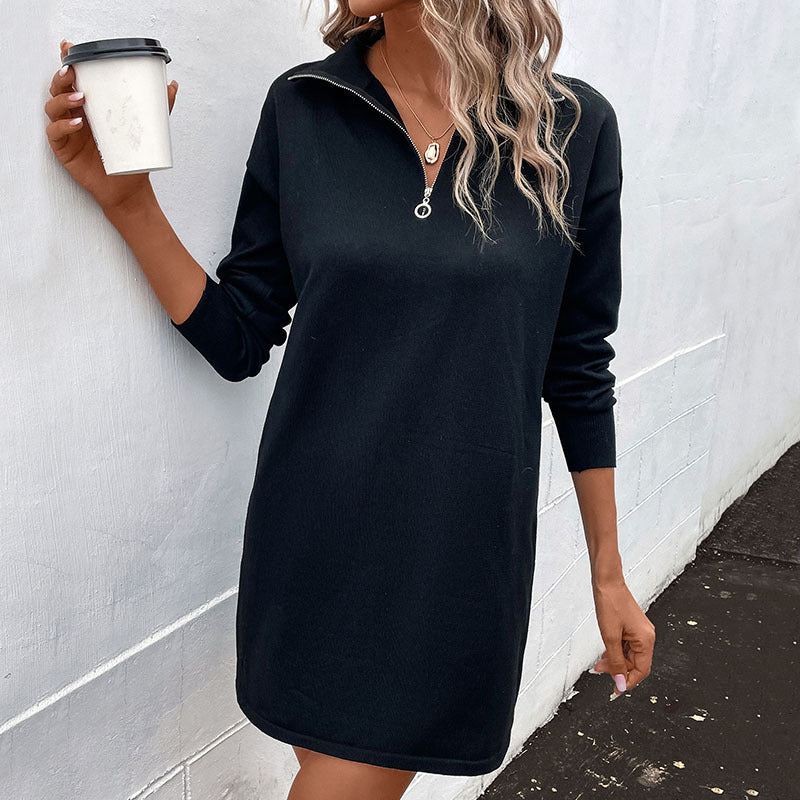 Black Quarter-Zip Sweater Dress with Collar, Knit Jumper Dress