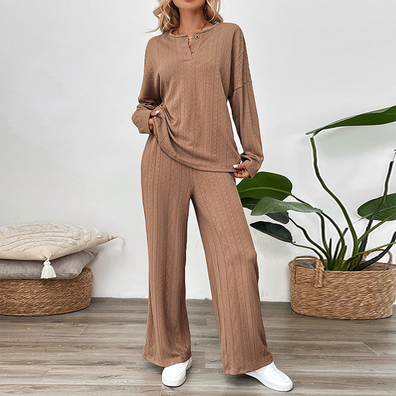 Knit Lounge Set with Henley Top and Wide-Leg Pants, Women's Trousers