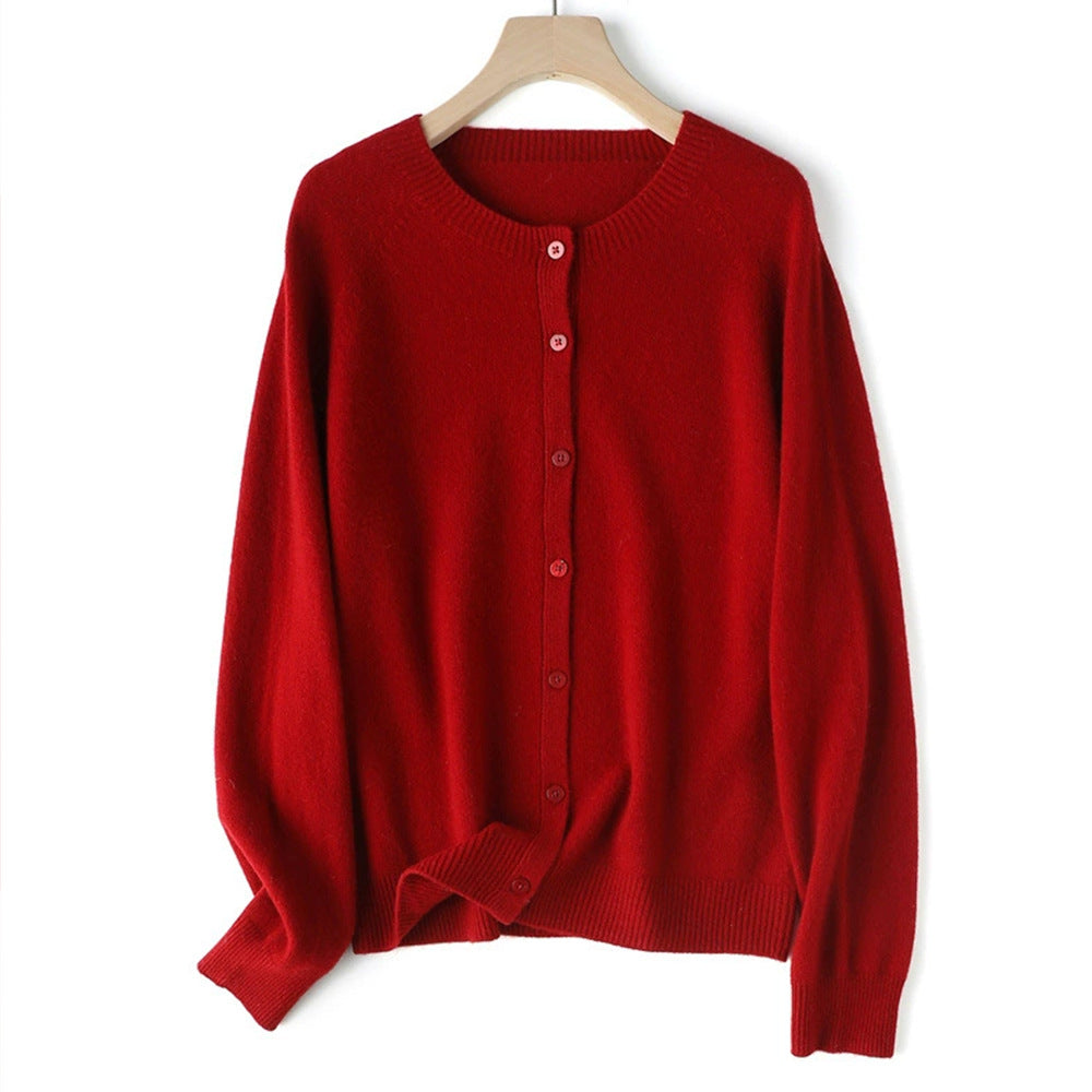 Red Fine Knit Cardigan with Crew Neck and Button Front, Raglan Sleeve
