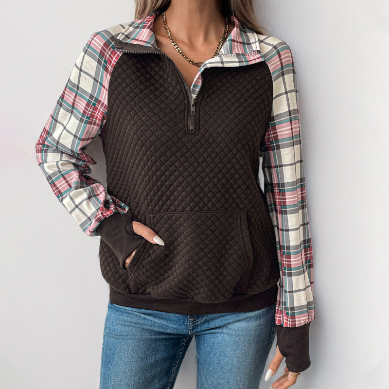Quilted Quarter-Zip Sweatshirt with Plaid Sleeves and Stand Collar