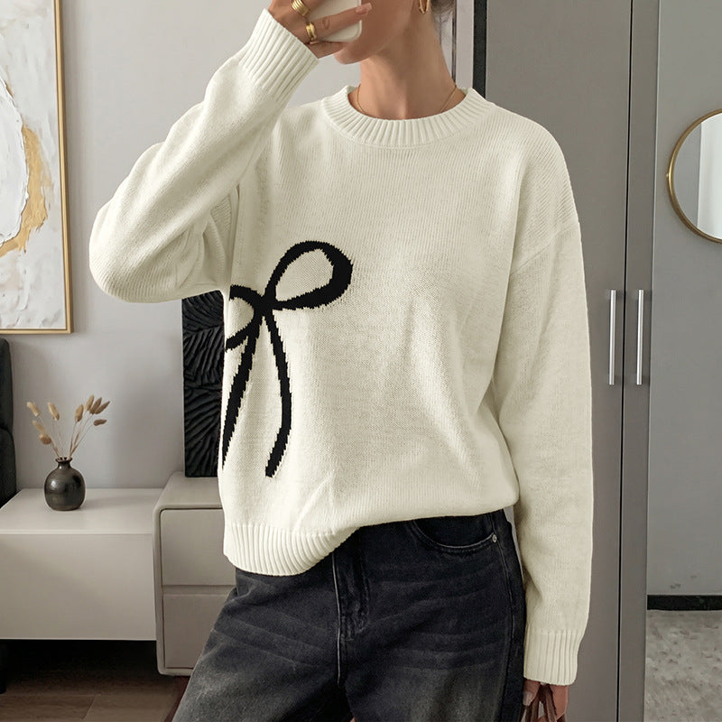 Off-White Bow Jacquard Sweater with Crew Neck, Relaxed Knit Jumper