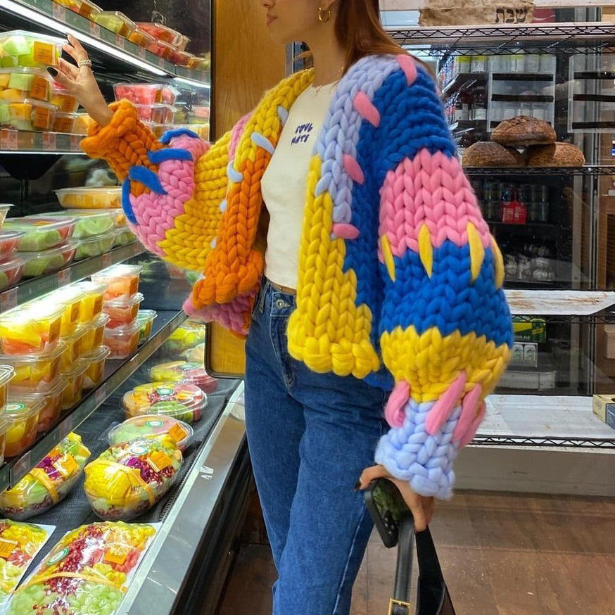 Chunky Knit Cardigan in Rainbow Colour Block, Cropped Balloon Sleeve