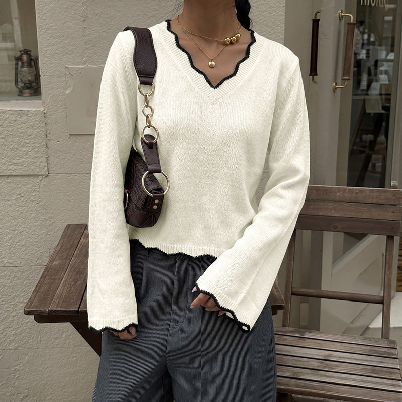 Off-White V-Neck Sweater with Black Scalloped Trim, Cropped Knit Top