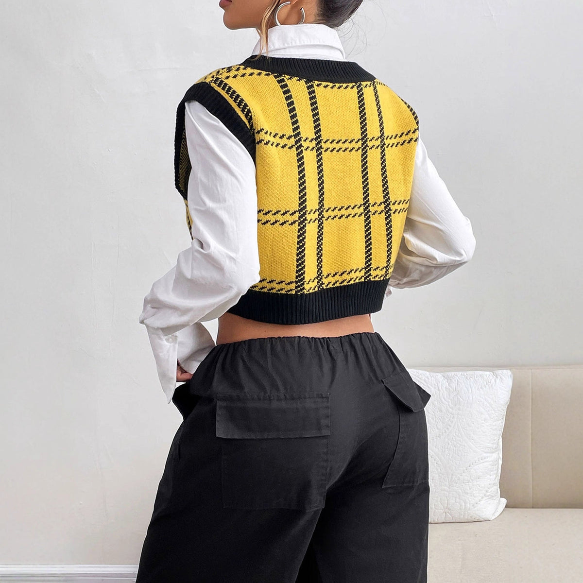 Plaid Sweater Vest with Black Ribbed V-Neck, Cropped Knit Tank Top