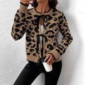 Leopard Jacquard Knit Cardigan with Bow Ties, Ribbed Crew Neck