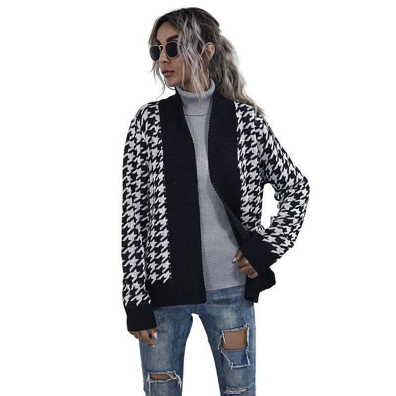 Houndstooth Knit Cardigan with Tie Belt, Open Front, Black and White