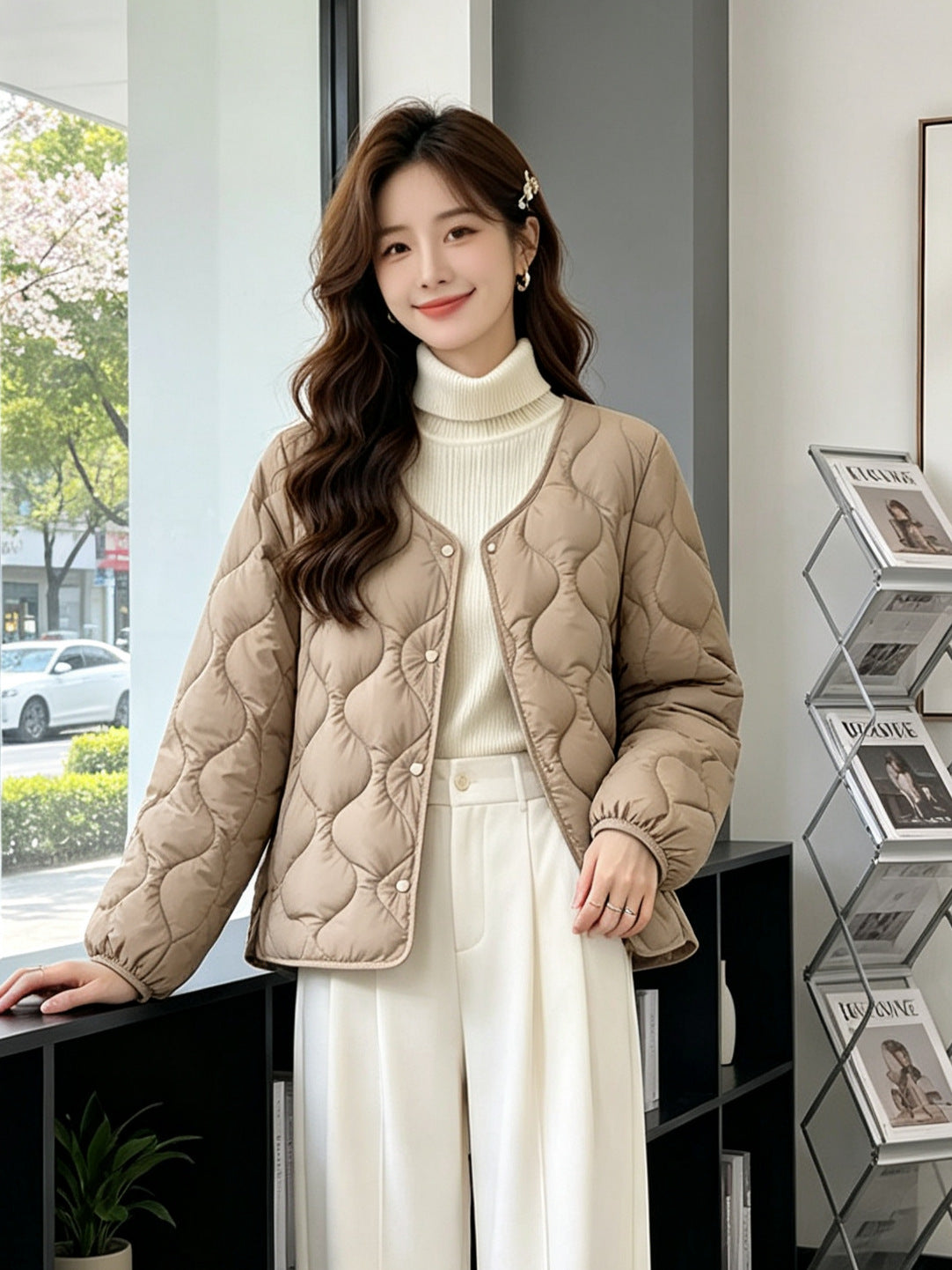 Lightweight Quilted Jacket with Press Studs, Collarless V-Neck