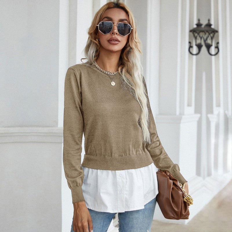Shirt Hem Sweater with Crew Neck, 2-in-1 Layered Women's Jumper