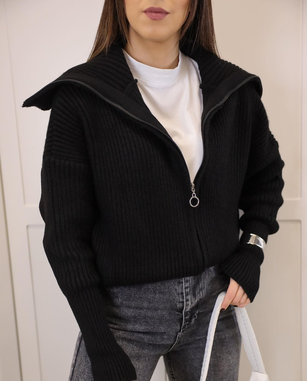 Zip-Up Rib Knit Cardigan with Oversized Collar, Cropped Fit
