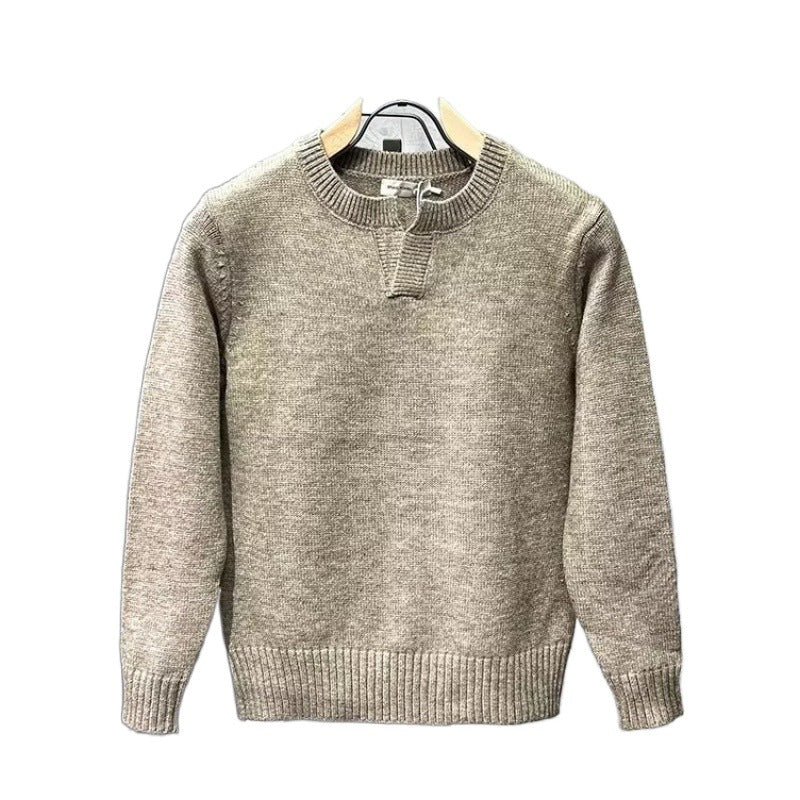 Notch Neck Knit Sweater with Ribbed Hem, Unisex Crew Jumper