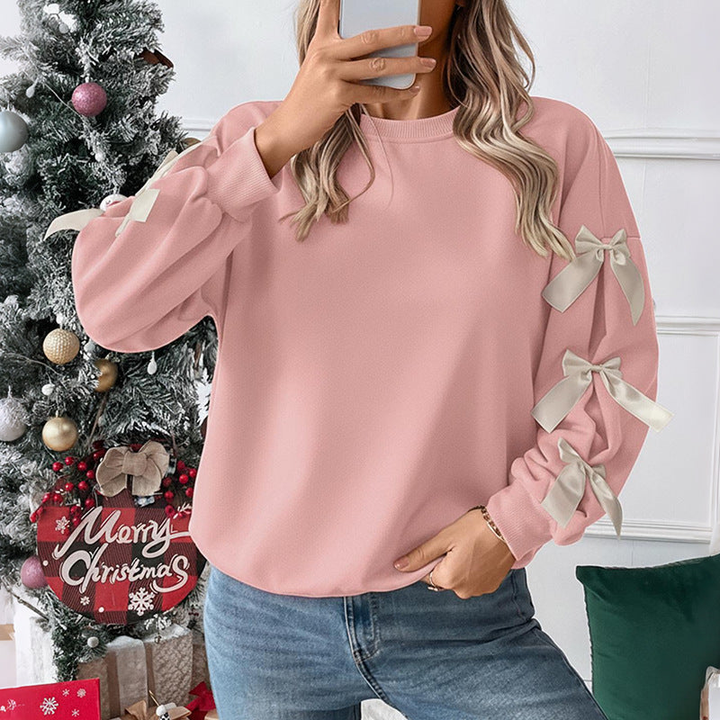 Bow Sleeve Sweatshirt with Satin Ribbon Bows, Women's Crew Neck
