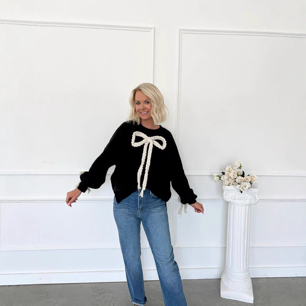 Braided Bow Knit Sweater with Tie Cuffs, Women's Jumper