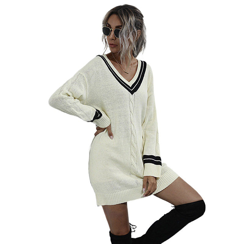 V-Neck Cable Knit Sweater Dress with Stripe Trim, Women's Jumper Dress
