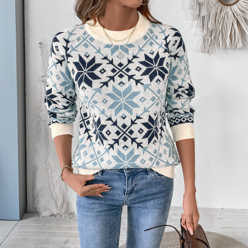 Nordic Snowflake Jacquard Sweater with Crew Neck, Women's Jumper