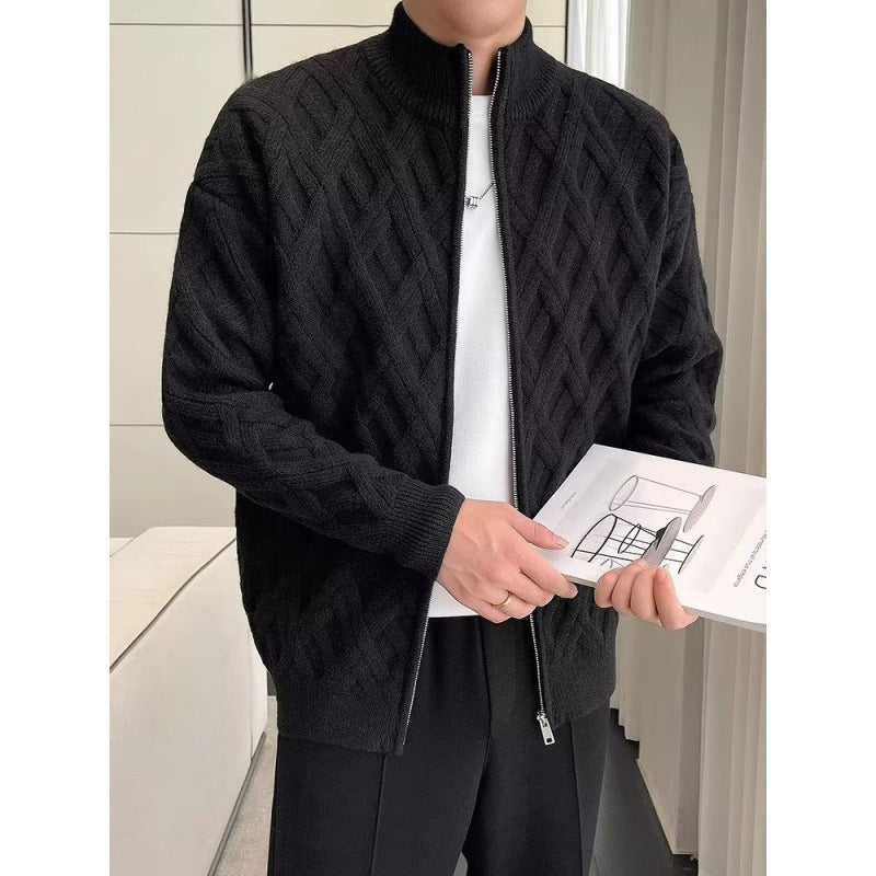 Men's Zip-Up Cardigan with Lattice Knit, Stand Collar Sweater Jacket