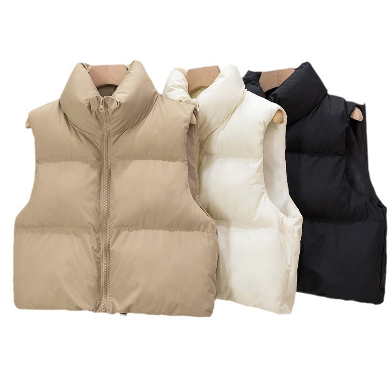 Cropped Puffer Vest with Stand Collar and Drawcord Hem, Women's Gilet