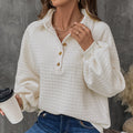 Collared Waffle Sweatshirt with Half Button Placket, Balloon Sleeves