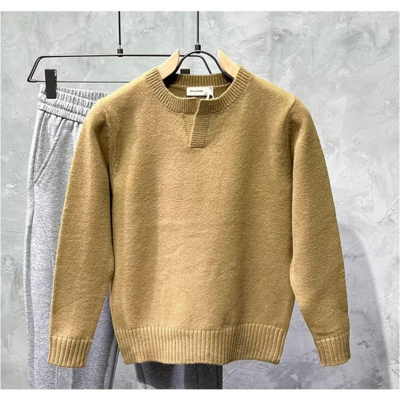 Notch Neck Knit Sweater with Ribbed Hem, Unisex Crew Jumper