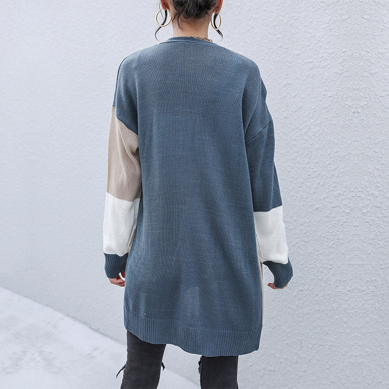 Color Block Open-Front Cardigan with Dropped Shoulders, Longline