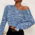 Blue Space-Dyed Cropped Sweater with Wide V-Neck, Loose Knit Jumper