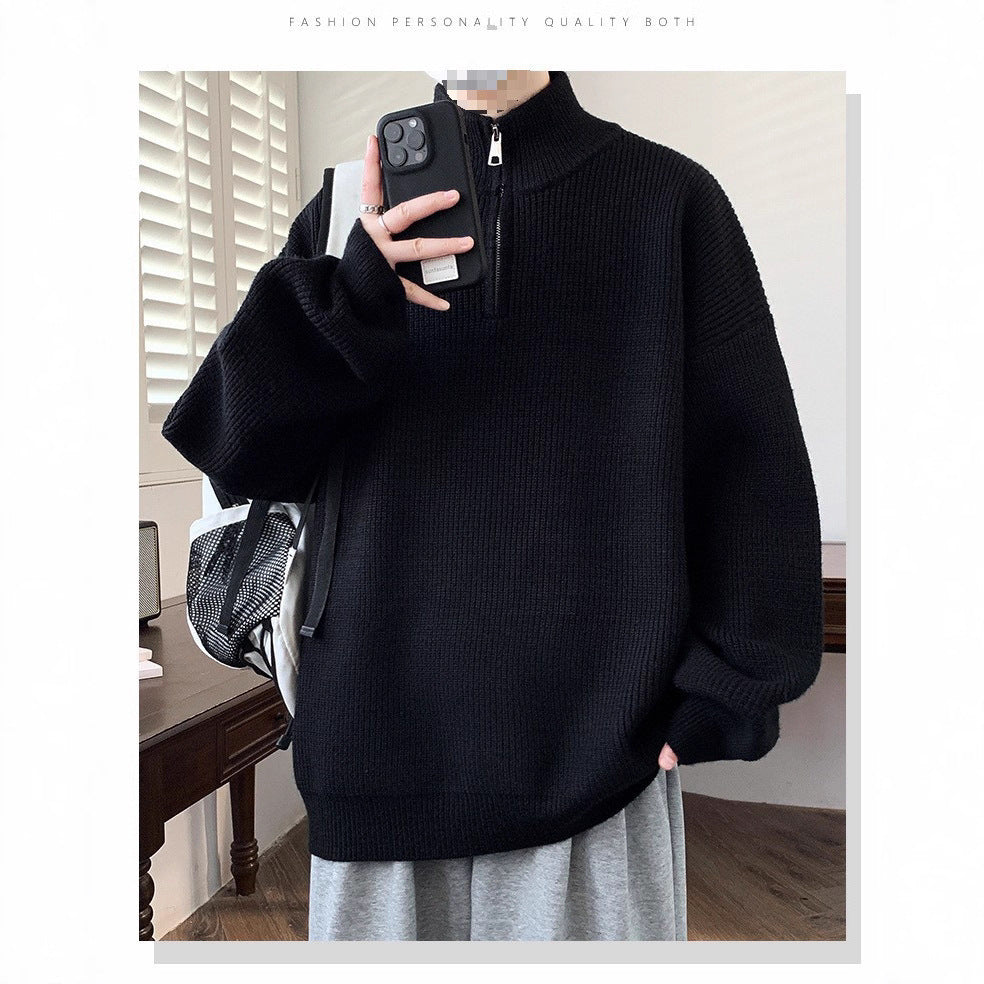 Half-Zip Sweater with Stand Collar, Oversized Rib Knit Jumper
