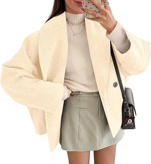 Cropped Shawl Collar Coat with Batwing Sleeves, Double-Breasted
