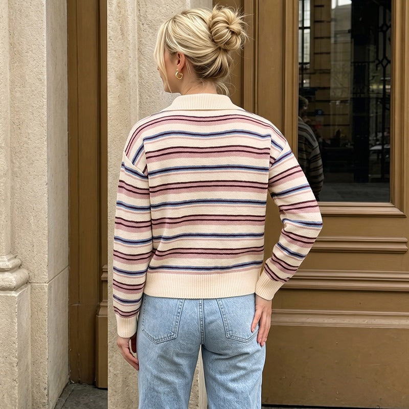 Striped Polo Collar Knit Sweater with Button Placket, Women's Jumper