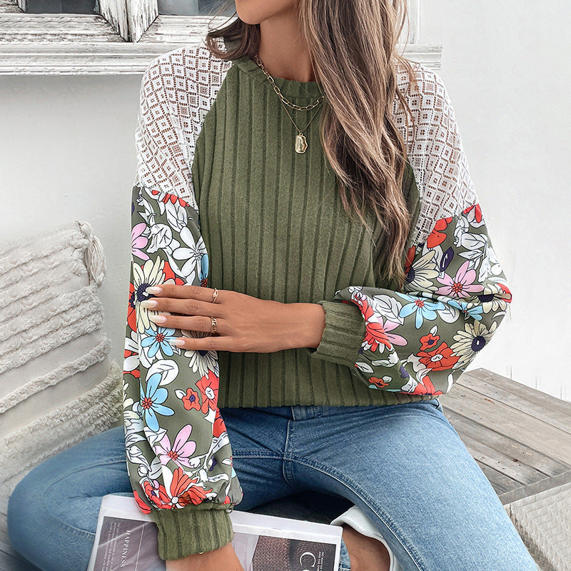 Ribbed Knit Top with Floral Sleeves and Lace Shoulders, Olive Green