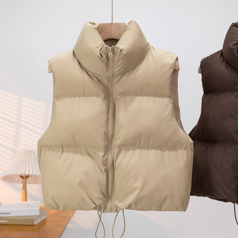 Cropped Puffer Vest with Stand Collar and Drawcord Hem, Women's Gilet