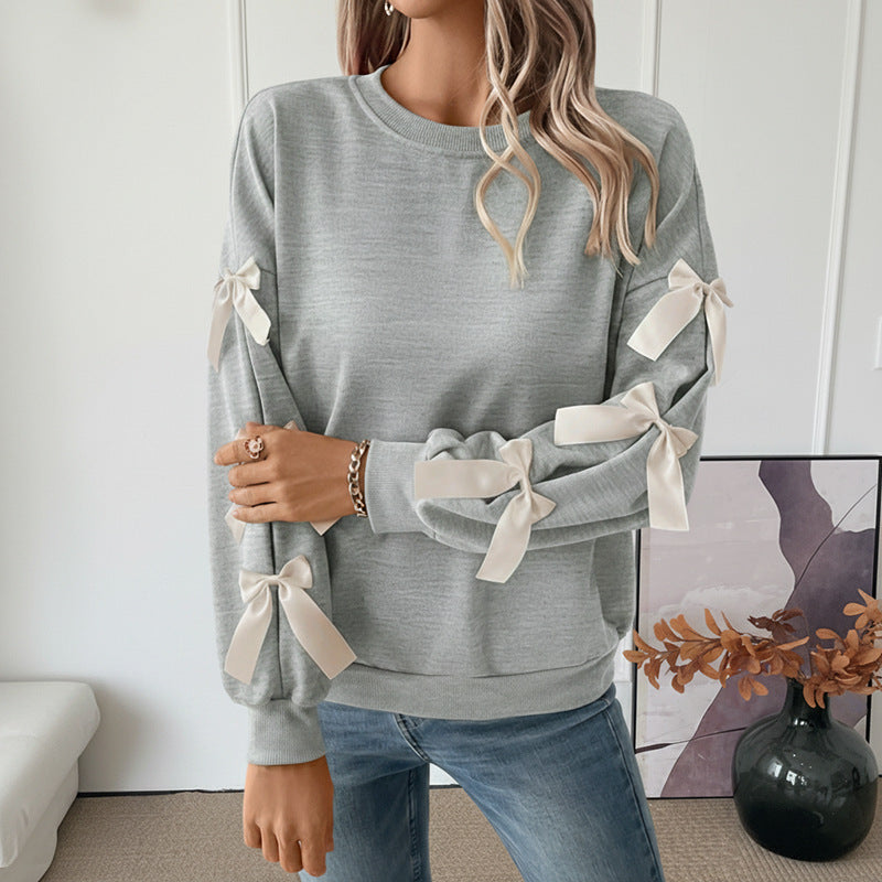 Bow Sleeve Sweatshirt with Satin Ribbon Bows, Women's Crew Neck