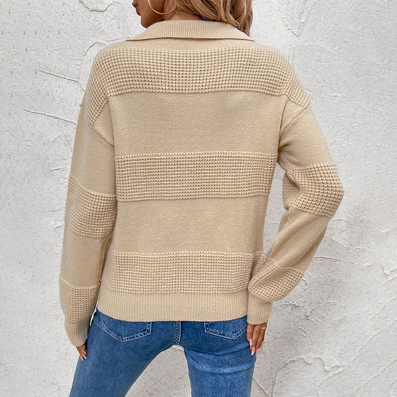 Khaki Polo Collar Sweater with Waffle Knit Panels, Women's Jumper