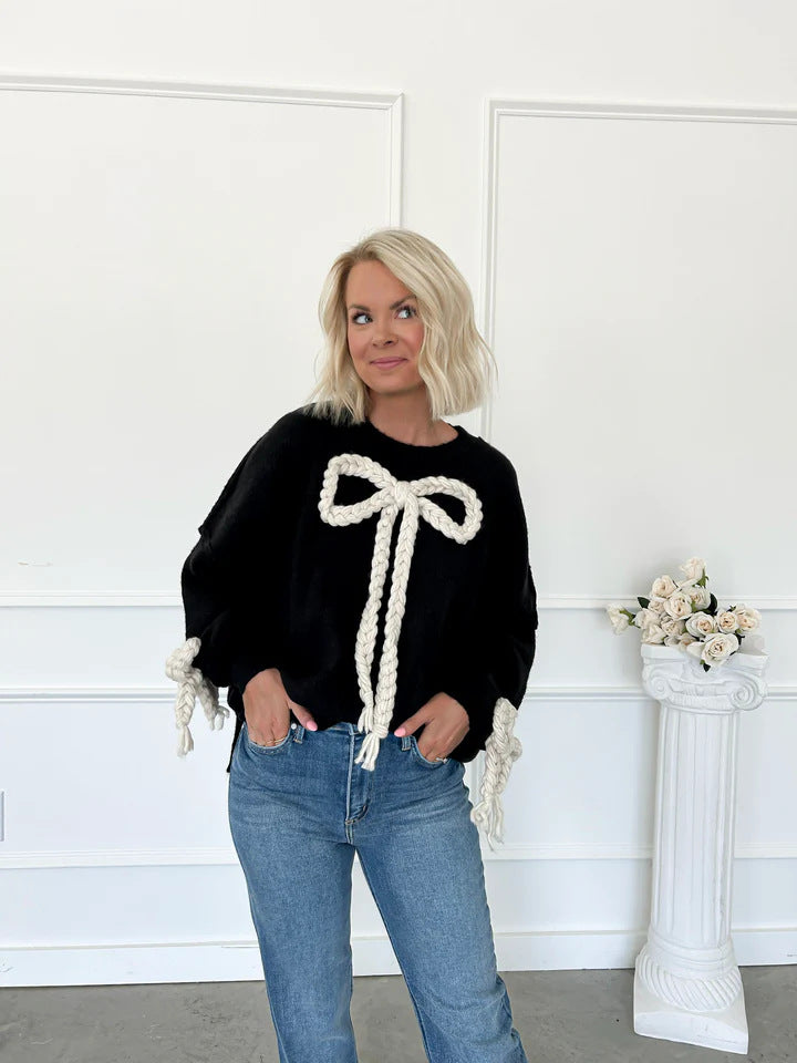 Braided Bow Knit Sweater with Tie Cuffs, Women's Jumper
