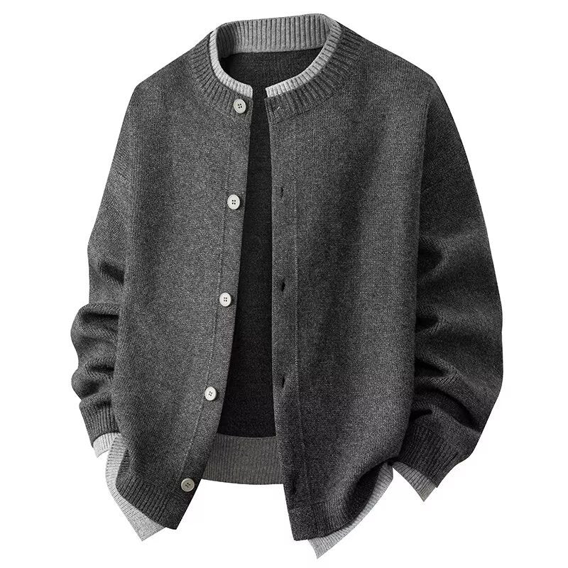 Men's Knit Cardigan with Contrast Rib Trim, Crew Neck Button-Up
