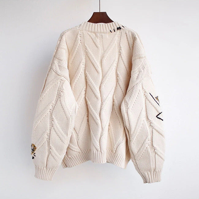 Embroidered Cable Knit Cardigan with Patchwork and Colorful Buttons