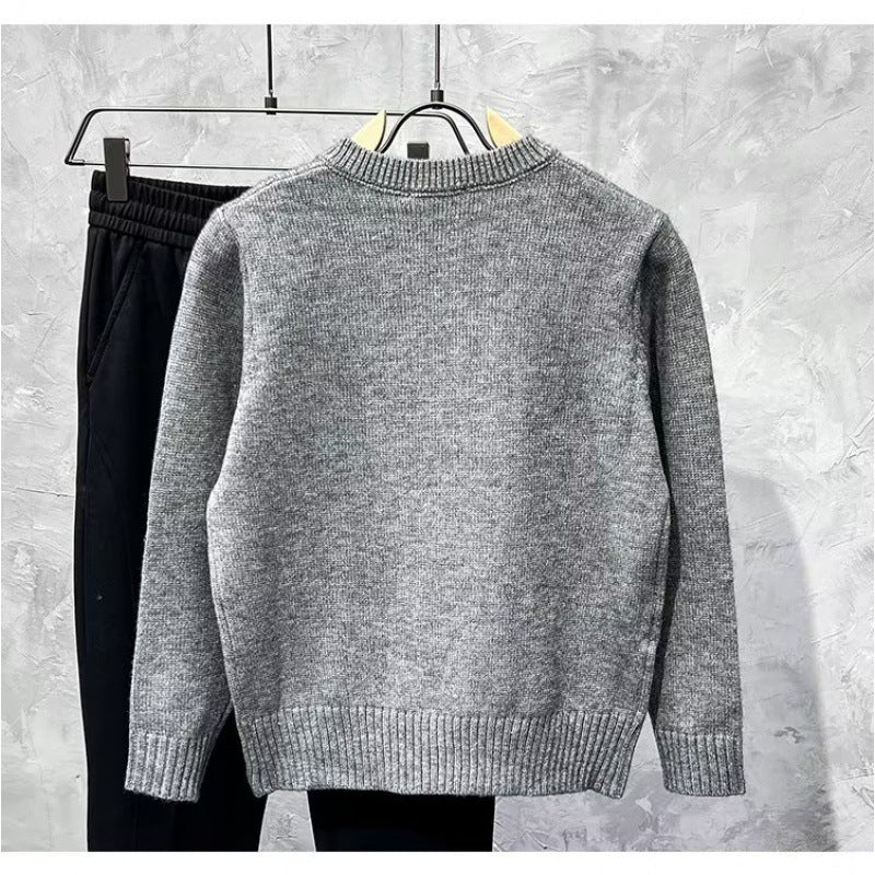 Notch Neck Knit Sweater with Ribbed Hem, Unisex Crew Jumper