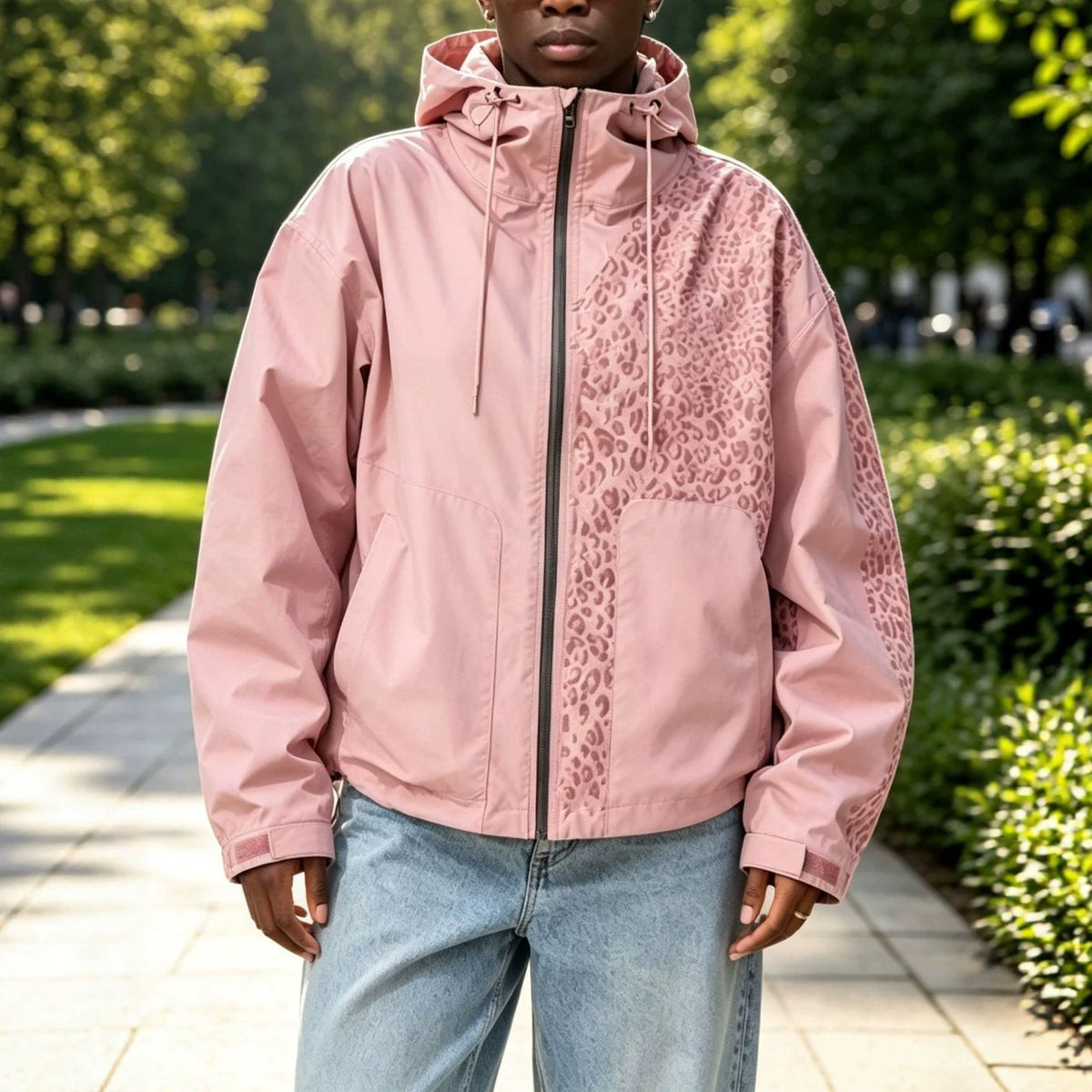 Men's Hooded Windbreaker Jacket with Leopard Print Panel, Zip Front