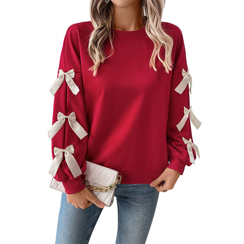 Bow Sleeve Sweatshirt with Satin Ribbon Bows, Women's Crew Neck