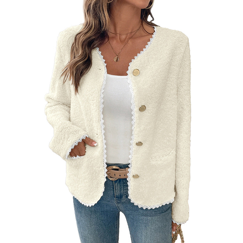 Off-White Fleece Cardigan Jacket with Lace Trim and Gold Buttons