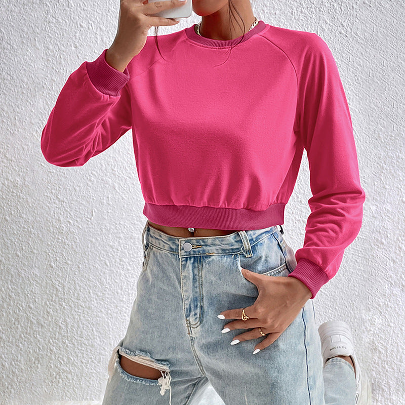 Cropped Raglan Sweatshirt with Crew Neck, Women's Long Sleeve Top