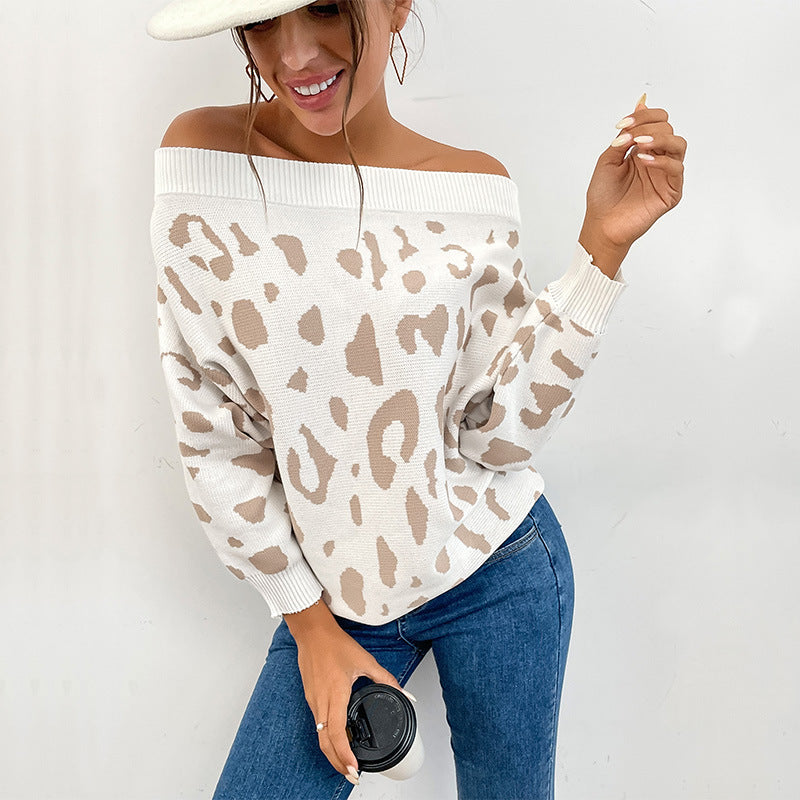 Off-Shoulder Leopard Knit Sweater, Batwing Women's Jumper