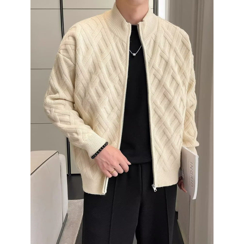 Men's Zip-Up Cardigan with Lattice Knit, Stand Collar Sweater Jacket