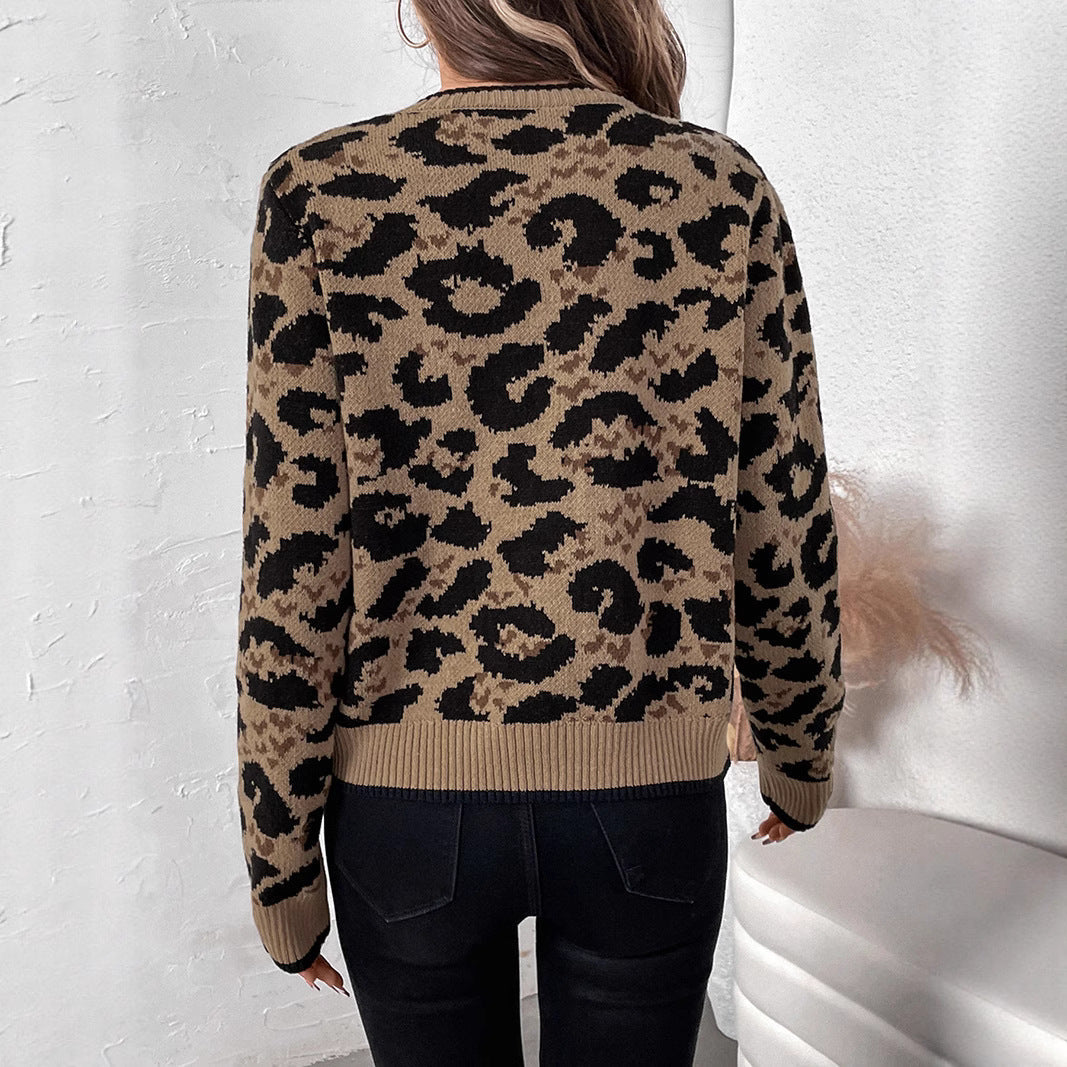 Leopard Jacquard Knit Cardigan with Bow Ties, Ribbed Crew Neck