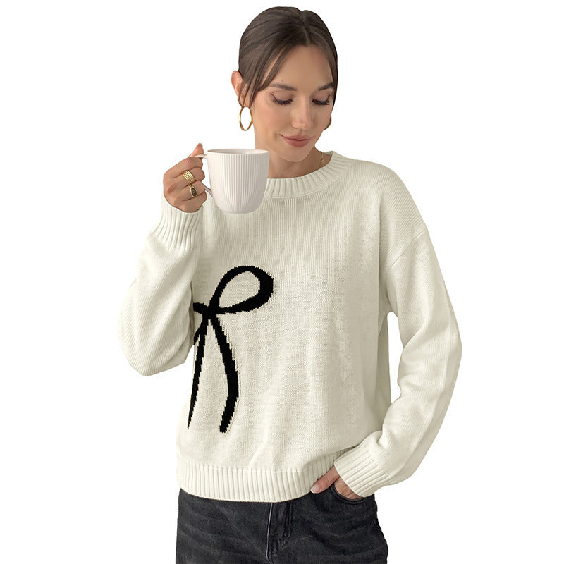 Off-White Bow Jacquard Sweater with Crew Neck, Relaxed Knit Jumper