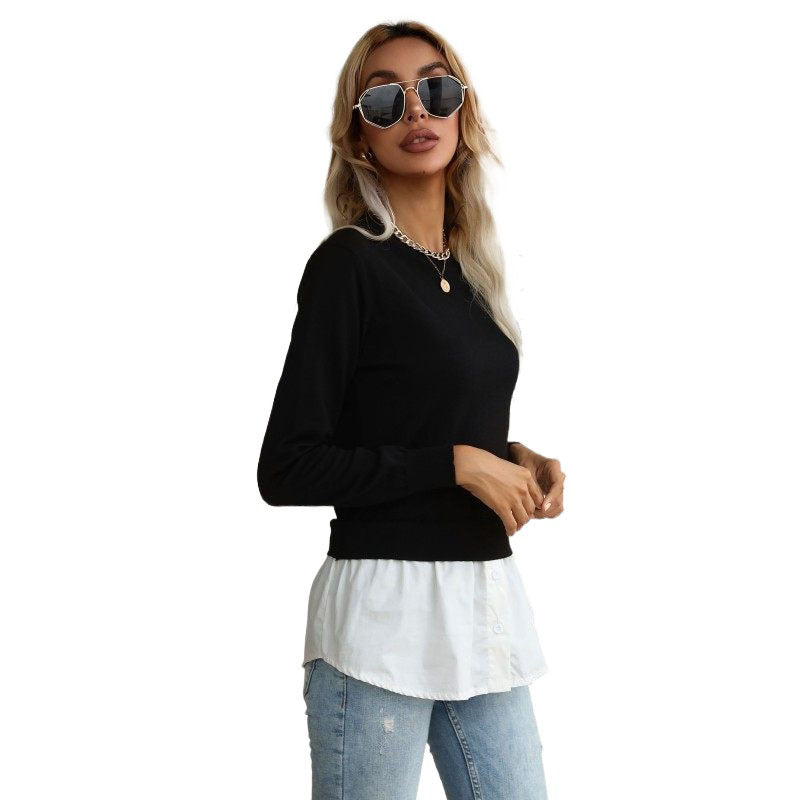 Shirt Hem Sweater with Crew Neck, 2-in-1 Layered Women's Jumper