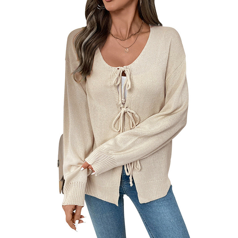 Apricot Tie-Front Knit Cardigan with Rope Bows, Relaxed Fit
