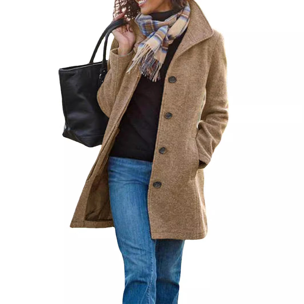 Mid-Length Single-Breasted Coat with Lapels and Side Pockets