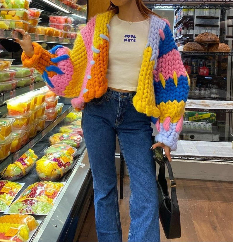 Chunky Knit Cardigan in Rainbow Colour Block, Cropped Balloon Sleeve