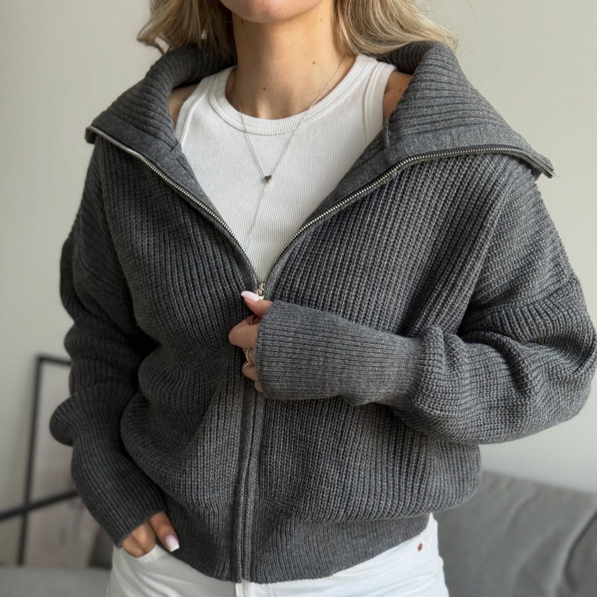 Zip-Up Rib Knit Cardigan with Oversized Collar, Cropped Fit